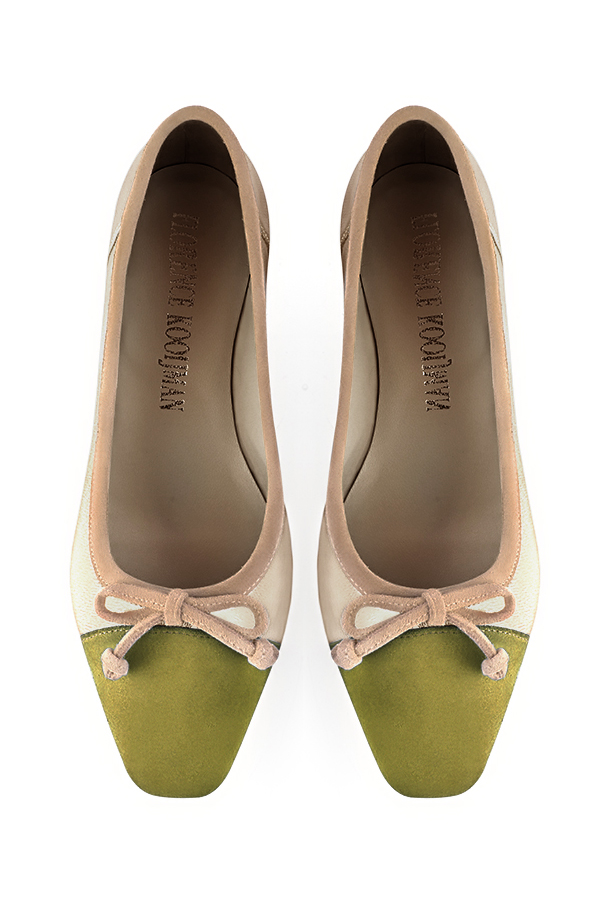 Pistachio green, gold and biscuit beige women's ballet pumps, with low heels. Square toe. Flat flare heels. Top view - Florence KOOIJMAN